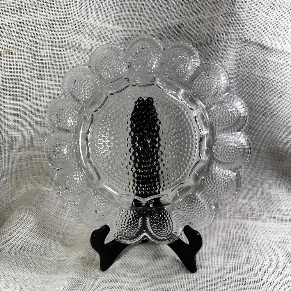 Vintage Clear Hobnail Glass Deviled Egg Platter Scalloped 15 Slot Server 11 Inch